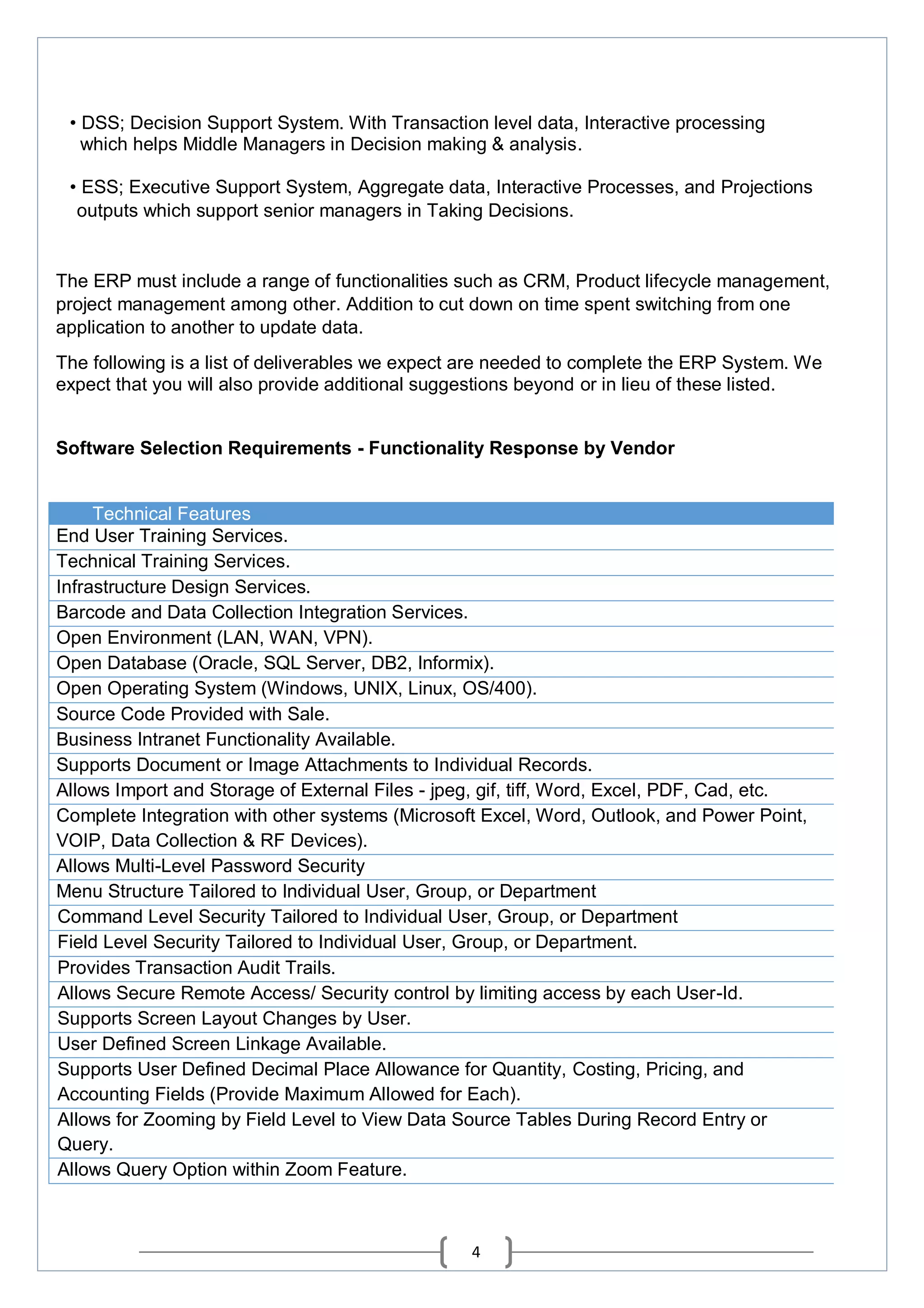 4
• DSS; Decision Support System. With Transaction level data, Interactive processing
which helps Middle Managers in Decision making & analysis.
• ESS; Executive Support System, Aggregate data, Interactive Processes, and Projections
outputs which support senior managers in Taking Decisions.
The ERP must include a range of functionalities such as CRM, Product lifecycle management,
project management among other. Addition to cut down on time spent switching from one
application to another to update data.
The following is a list of deliverables we expect are needed to complete the ERP System. We
expect that you will also provide additional suggestions beyond or in lieu of these listed.
Software Selection Requirements - Functionality Response by Vendor
Technical Features
End User Training Services.
Technical Training Services.
Infrastructure Design Services.
Barcode and Data Collection Integration Services.
Open Environment (LAN, WAN, VPN).
Open Database (Oracle, SQL Server, DB2, Informix).
Open Operating System (Windows, UNIX, Linux, OS/400).
Source Code Provided with Sale.
Business Intranet Functionality Available.
Supports Document or Image Attachments to Individual Records.
Allows Import and Storage of External Files - jpeg, gif, tiff, Word, Excel, PDF, Cad, etc.
Complete Integration with other systems (Microsoft Excel, Word, Outlook, and Power Point,
VOIP, Data Collection & RF Devices).
Allows Multi-Level Password Security
Menu Structure Tailored to Individual User, Group, or Department
Command Level Security Tailored to Individual User, Group, or Department
Field Level Security Tailored to Individual User, Group, or Department.
Provides Transaction Audit Trails.
Allows Secure Remote Access/ Security control by limiting access by each User-Id.
Supports Screen Layout Changes by User.
User Defined Screen Linkage Available.
Supports User Defined Decimal Place Allowance for Quantity, Costing, Pricing, and
Accounting Fields (Provide Maximum Allowed for Each).
Allows for Zooming by Field Level to View Data Source Tables During Record Entry or
Query.
Allows Query Option within Zoom Feature.
 