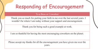 Responding of Encouragement
To a Boss or Coworker
Thank you so much for putting your faith in me over the last several years. I
wouldn’t be where I am today without your support and encouragement.
Thank you for being such a good example at work.
I am so thankful for having the most encouraging coworkers on the planet.
Please accept my thanks for all the encouragement you have given me over the
years.
 