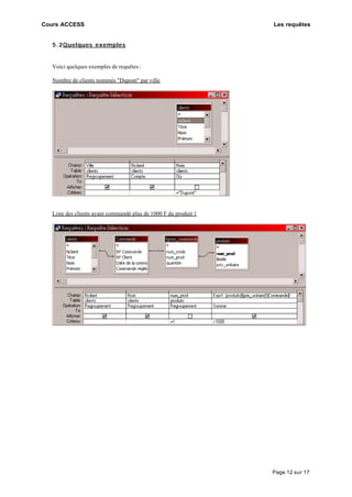 Cours ACCESS Les requêtes
Page 12 sur 17
5.2Quelques exemples
Voici quelques exemples de requêtes :
Nombre de clients nommés "Dupont" par ville
Liste des clients ayant commandé plus de 1000 F du produit 1
 