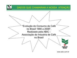 DADOS QUE CHAMARAM A NOSSA ATENÇÃO




   “Evolução do Consumo de Café
       no Brasil 1990 a 2008",
        Realizado pela ABIC -
   Associação da Industria de Café
              no Brasil




                                     www.abic.com.br
 