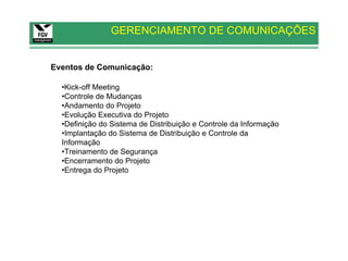GERENCIAMENTO DE COMUNICAÇÕES


Eventos de Comunicação:

  •Kick-off Meeting
  •Controle de Mudanças
  •Andamento do Projeto
  •Evolução Executiva do Projeto
  •Definição do Sistema de Distribuição e Controle da Informação
  •Implantação do Sistema de Distribuição e Controle da
  Informação
  •Treinamento de Segurança
  •Encerramento do Projeto
  •Entrega do Projeto
 
