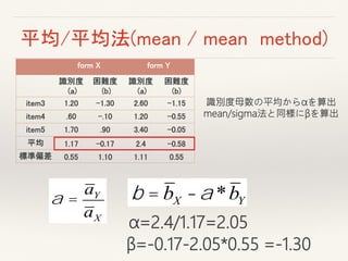 平均/平均法(mean / mean method)
a =
aY
aX
form X form Y
識別度
(a)
困難度
(b)
識別度
(a)
困難度
(b)
item3 1.20 -1.30 2.60 -1.15
item4 .60 -.10 1.20 -0.55
item5 1.70 .90 3.40 -0.05
平均 1.17 -0.17 2.4 -0.58
標準偏差 0.55 1.10 1.11 0.55
α=2.4/1.17=2.05
β=-0.17-2.05*0.55 =-1.30
b = bX -a *bY
識別度母数の平均からαを算出
mean/sigma法と同様にβを算出
 