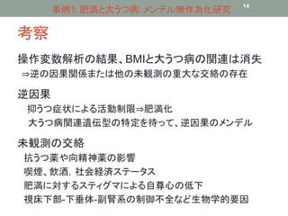 考察 
事例1: 肥満と大うつ病: メンデル無作為化研究14 
操作変数解析の結果、BMIと大うつ病の関連は消失 
⇒逆の因果関係または他の未観測の重大な交絡の存在 
逆因果 
抑うつ症状による活動制限⇒肥満化 
大うつ病関連遺伝型の特定を待って、逆因果のメンデル 
未観測の交絡 
抗うつ薬や向精神薬の影響 
喫煙、飲酒，社会経済ステータス 
肥満に対するスティグマによる自尊心の低下 
視床下部-下垂体-副腎系の制御不全など生物学的要因 
 