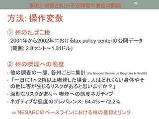 事例2: 喫煙と気分•不安障害の発症の関連22 
方法: 操作変数 
① 州のたばこ税 
2001年から2002年におけるtax policy centerの公開データ 
(範囲: 2.8セント〜1.31ドル) 
② 州の喫煙への態度 
• 他の調査の一部、各州ごとに集計(the National Survey on Drug Use & Health) 
• 「一日に1〜2箱以上喫煙した場合、人はどれくらい身体やそ 
の他に害が生じるリスクがあると思いますか？」 
• 深刻なリスクがあり⇒ 喫煙への態度ネガティブ 
• ネガティブな態度のプレバレンス: 64.4%〜72.2% 
⇒ NESARCのベースラインにおける州の登録とリンク 
 