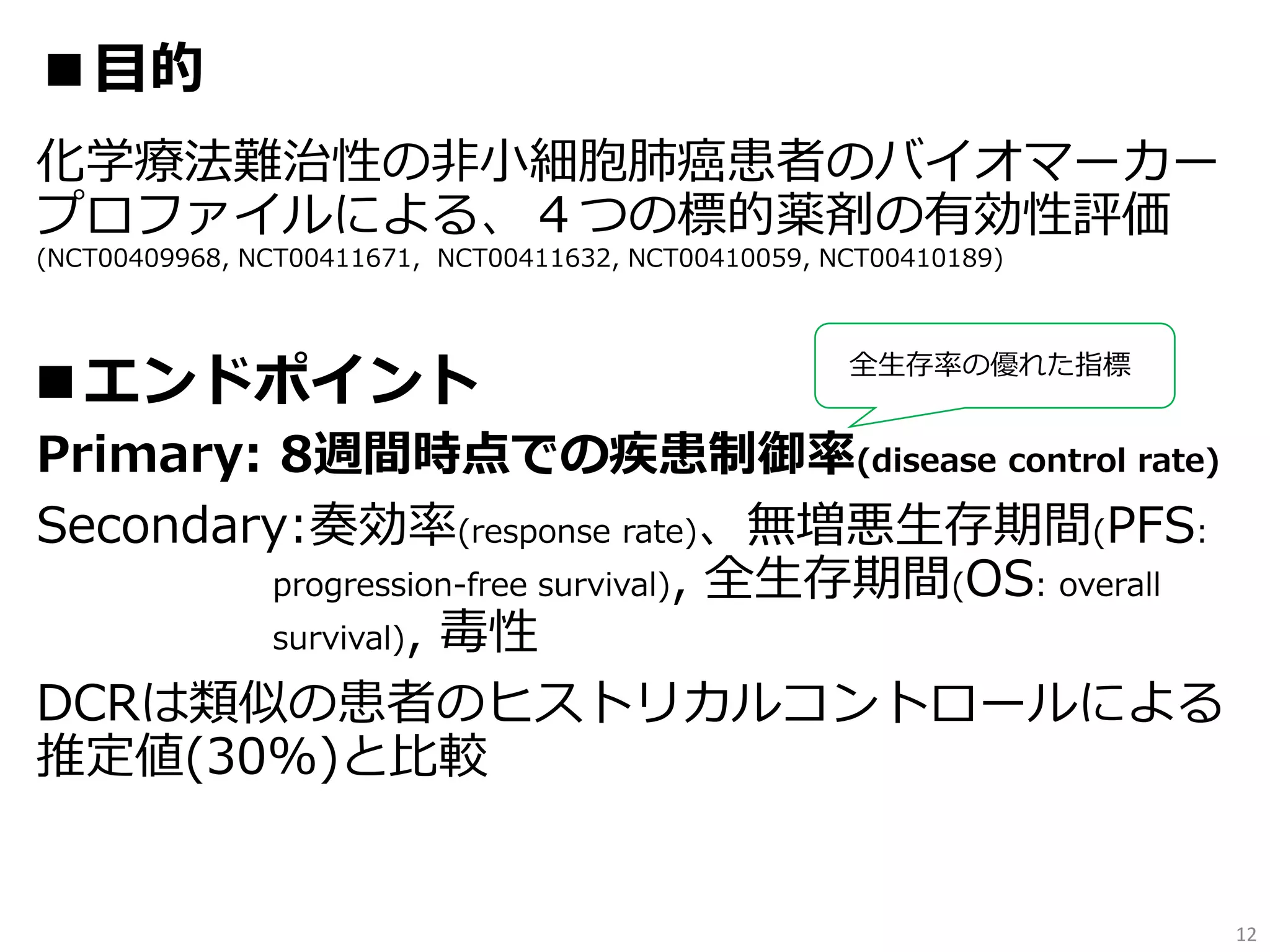 化学療法難治性の非小細胞肺癌患者のバイオマーカー
プロファイルによる、４つの標的薬剤の有効性評価
(NCT00409968, NCT00411671, NCT00411632, NCT00410059, NCT00410189)
Primary: 8週間時点での疾患制御率(disease control rate)
Secondary:奏効率(response rate)、無増悪生存期間(PFS:
progression-free survival), 全生存期間(OS: overall
survival), 毒性
DCRは類似の患者のヒストリカルコントロールによる
推定値(30%)と比較
12
■目的
■エンドポイント 全生存率の優れた指標
 