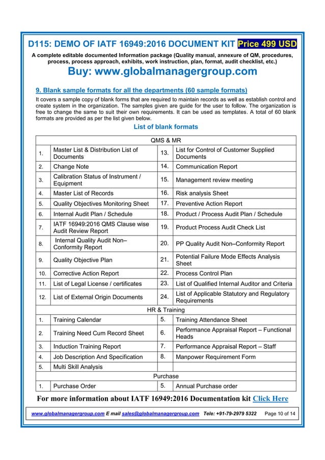 List Of Mandatory IATF 16949 Documents