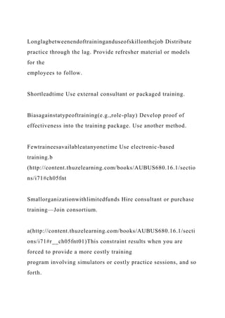 Longlagbetweenendoftraininganduseofskillonthejob Distribute
practice through the lag. Provide refresher material or models
for the
employees to follow.
Shortleadtime Use external consultant or packaged training.
Biasagainstatypeoftraining(e.g.,role-play) Develop proof of
effectiveness into the training package. Use another method.
Fewtraineesavailableatanyonetime Use electronic-based
training.b
(http://content.thuzelearning.com/books/AUBUS680.16.1/sectio
ns/i71#ch05fnt
Smallorganizationwithlimitedfunds Hire consultant or purchase
training—Join consortium.
a(http://content.thuzelearning.com/books/AUBUS680.16.1/secti
ons/i71#r__ch05fnt01)This constraint results when you are
forced to provide a more costly training
program involving simulators or costly practice sessions, and so
forth.
 