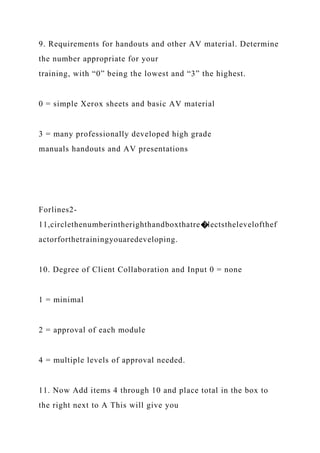 9. Requirements for handouts and other AV material. Determine
the number appropriate for your
training, with “0” being the lowest and “3” the highest.
0 = simple Xerox sheets and basic AV material
3 = many professionally developed high grade
manuals handouts and AV presentations
Forlines2-
11,circlethenumberintherighthandboxthatre�lectsthelevelofthef
actorforthetrainingyouaredeveloping.
10. Degree of Client Collaboration and Input 0 = none
1 = minimal
2 = approval of each module
4 = multiple levels of approval needed.
11. Now Add items 4 through 10 and place total in the box to
the right next to A This will give you
 
