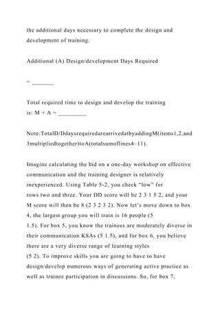 the additional days necessary to complete the design and
development of training.
Additional (A) Design/development Days Required
= _______
Total required time to design and develop the training
is: M + A = _________
Note:TotalD/DdaysrequiredarearrivedatbyaddingM(items1,2,and
3multipliedtogether)toA(totalsumoflines4–11).
Imagine calculating the bid on a one-day workshop on effective
communication and the training designer is relatively
inexperienced. Using Table 5-2, you check “low” for
rows two and three. Your DD score will be 2 3 1 5 2, and your
M score will then be 8 (2 3 2 3 2). Now let’s move down to box
4, the largest group you will train is 16 people (5
1.5). For box 5, you know the trainees are moderately diverse in
their communication KSAs (5 1.5), and for box 6, you believe
there are a very diverse range of learning styles
(5 2). To improve skills you are going to have to have
design/develop numerous ways of generating active practice as
well as trainee participation in discussions. So, for box 7,
 