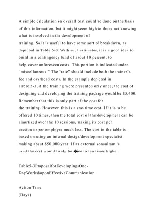 A simple calculation on overall cost could be done on the basis
of this information, but it might seem high to those not knowing
what is involved in the development of
training. So it is useful to have some sort of breakdown, as
depicted in Table 5-3. With such estimates, it is a good idea to
build in a contingency fund of about 10 percent, to
help cover unforeseen costs. This portion is indicated under
“miscellaneous.” The “rate” should include both the trainer’s
fee and overhead costs. In the example depicted in
Table 5-3, if the training were presented only once, the cost of
designing and developing the training package would be $3,400.
Remember that this is only part of the cost for
the training. However, this is a one-time cost. If it is to be
offered 10 times, then the total cost of the development can be
amortized over the 10 sessions, making its cost per
session or per employee much less. The cost in the table is
based on using an internal design/development specialist
making about $50,000/year. If an external consultant is
used the cost would likely be �ive to ten times higher.
Table5-3ProposalforDevelopingaOne-
DayWorkshoponEffectiveCommunication
Action Time
(Days)
 
