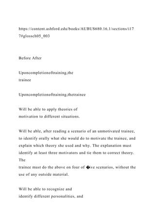 https://content.ashford.edu/books/AUBUS680.16.1/sections/i17
7#glossch05_003
Before After
Uponcompletionoftraining,the
trainee
Uponcompletionoftraining,thetrainee
Will be able to apply theories of
motivation to different situations.
Will be able, after reading a scenario of an unmotivated trainee,
to identify orally what she would do to motivate the trainee, and
explain which theory she used and why. The explanation must
identify at least three motivators and tie them to correct theory.
The
trainee must do the above on four of �ive scenarios, without the
use of any outside material.
Will be able to recognize and
identify different personalities, and
 