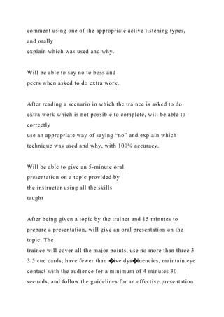 comment using one of the appropriate active listening types,
and orally
explain which was used and why.
Will be able to say no to boss and
peers when asked to do extra work.
After reading a scenario in which the trainee is asked to do
extra work which is not possible to complete, will be able to
correctly
use an appropriate way of saying “no” and explain which
technique was used and why, with 100% accuracy.
Will be able to give an 5-minute oral
presentation on a topic provided by
the instructor using all the skills
taught
After being given a topic by the trainer and 15 minutes to
prepare a presentation, will give an oral presentation on the
topic. The
trainee will cover all the major points, use no more than three 3
3 5 cue cards; have fewer than �ive dys�luencies, maintain eye
contact with the audience for a minimum of 4 minutes 30
seconds, and follow the guidelines for an effective presentation
 