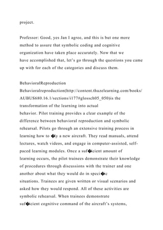 project.
Professor: Good, yes Jan I agree, and this is but one more
method to assure that symbolic coding and cognitive
organization have taken place accurately. Now that we
have accomplished that, let’s go through the questions you came
up with for each of the categories and discuss them.
BehavioralReproduction
Behavioralreproduction(http://content.thuzelearning.com/books/
AUBUS680.16.1/sections/i177#glossch05_050)is the
transformation of the learning into actual
behavior. Pilot training provides a clear example of the
difference between behavioral reproduction and symbolic
rehearsal. Pilots go through an extensive training process in
learning how to �ly a new aircraft. They read manuals, attend
lectures, watch videos, and engage in computer-assisted, self-
paced learning modules. Once a suf�icient amount of
learning occurs, the pilot trainees demonstrate their knowledge
of procedures through discussions with the trainer and one
another about what they would do in speci�ic
situations. Trainees are given written or visual scenarios and
asked how they would respond. All of these activities are
symbolic rehearsal. When trainees demonstrate
suf�icient cognitive command of the aircraft’s systems,
 