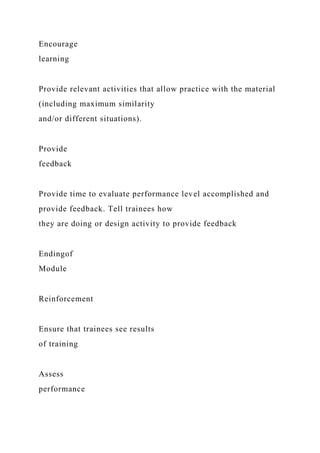 Encourage
learning
Provide relevant activities that allow practice with the material
(including maximum similarity
and/or different situations).
Provide
feedback
Provide time to evaluate performance level accomplished and
provide feedback. Tell trainees how
they are doing or design activity to provide feedback
Endingof
Module
Reinforcement
Ensure that trainees see results
of training
Assess
performance
 