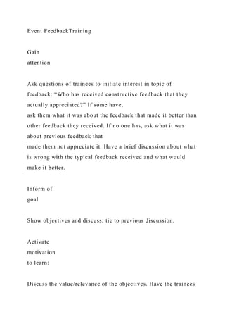 Event FeedbackTraining
Gain
attention
Ask questions of trainees to initiate interest in topic of
feedback: “Who has received constructive feedback that they
actually appreciated?” If some have,
ask them what it was about the feedback that made it better than
other feedback they received. If no one has, ask what it was
about previous feedback that
made them not appreciate it. Have a brief discussion about what
is wrong with the typical feedback received and what would
make it better.
Inform of
goal
Show objectives and discuss; tie to previous discussion.
Activate
motivation
to learn:
Discuss the value/relevance of the objectives. Have the trainees
 