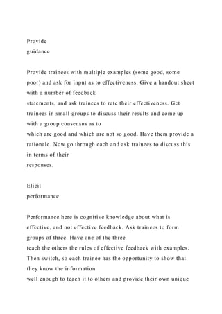 Provide
guidance
Provide trainees with multiple examples (some good, some
poor) and ask for input as to effectiveness. Give a handout sheet
with a number of feedback
statements, and ask trainees to rate their effectiveness. Get
trainees in small groups to discuss their results and come up
with a group consensus as to
which are good and which are not so good. Have them provide a
rationale. Now go through each and ask trainees to discuss this
in terms of their
responses.
Elicit
performance
Performance here is cognitive knowledge about what is
effective, and not effective feedback. Ask trainees to form
groups of three. Have one of the three
teach the others the rules of effective feedback with examples.
Then switch, so each trainee has the opportunity to show that
they know the information
well enough to teach it to others and provide their own unique
 