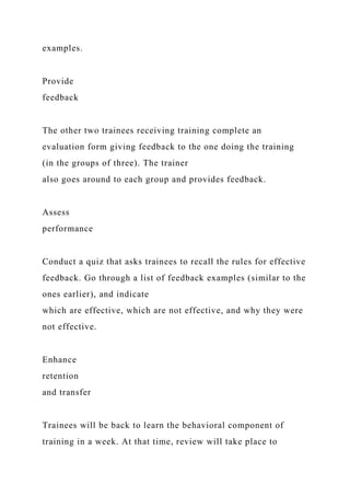 examples.
Provide
feedback
The other two trainees receiving training complete an
evaluation form giving feedback to the one doing the training
(in the groups of three). The trainer
also goes around to each group and provides feedback.
Assess
performance
Conduct a quiz that asks trainees to recall the rules for effective
feedback. Go through a list of feedback examples (similar to the
ones earlier), and indicate
which are effective, which are not effective, and why they were
not effective.
Enhance
retention
and transfer
Trainees will be back to learn the behavioral component of
training in a week. At that time, review will take place to
 