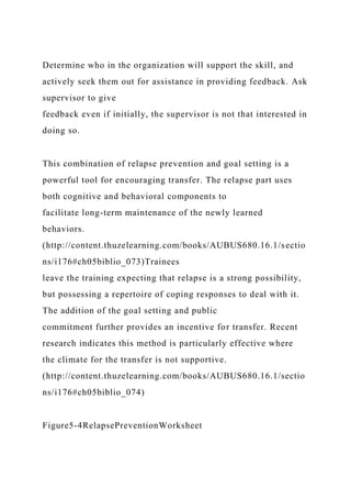 Determine who in the organization will support the skill, and
actively seek them out for assistance in providing feedback. Ask
supervisor to give
feedback even if initially, the supervisor is not that interested in
doing so.
This combination of relapse prevention and goal setting is a
powerful tool for encouraging transfer. The relapse part uses
both cognitive and behavioral components to
facilitate long-term maintenance of the newly learned
behaviors.
(http://content.thuzelearning.com/books/AUBUS680.16.1/sectio
ns/i176#ch05biblio_073)Trainees
leave the training expecting that relapse is a strong possibility,
but possessing a repertoire of coping responses to deal with it.
The addition of the goal setting and public
commitment further provides an incentive for transfer. Recent
research indicates this method is particularly effective where
the climate for the transfer is not supportive.
(http://content.thuzelearning.com/books/AUBUS680.16.1/sectio
ns/i176#ch05biblio_074)
Figure5-4RelapsePreventionWorksheet
 