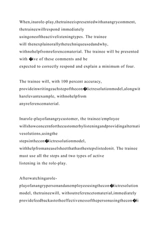 When,inarole-play,thetraineeispresentedwithanangrycomment,
thetraineewillrespond immediately
usingoneoftheactivelisteningtypes. The trainee
will thenexplainorallythetechniqueusedandwhy,
withnohelpfromreferencematerial. The trainee will be presented
with �ive of these comments and be
expected to correctly respond and explain a minimum of four.
The trainee will, with 100 percent accuracy,
provideinwritingeachstepofthecon�lictresolutionmodel,alongwit
harelevantexample, withnohelpfrom
anyreferencematerial.
Inarole-playofanangrycustomer, the trainee/employee
willshowconcernforthecustomerbylisteningandprovidingalternati
vesolutions,usingthe
stepsinthecon�lictresolutionmodel,
withhelpfromaneaselsheetthathasthestepslistedonit. The trainee
must use all the steps and two types of active
listening in the role-play.
Afterwatchingarole-
playofanangrypersonandanemployeeusingthecon�lictresolution
model, thetraineewill, withoutreferencetomaterial,immediately
providefeedbackastotheeffectivenessofthepersonusingthecon�li
 