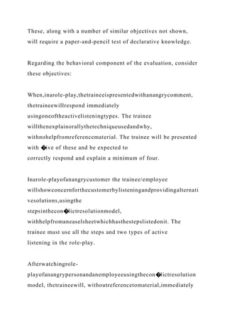 These, along with a number of similar objectives not shown,
will require a paper-and-pencil test of declarative knowledge.
Regarding the behavioral component of the evaluation, consider
these objectives:
When,inarole-play,thetraineeispresentedwithanangrycomment,
thetraineewillrespond immediately
usingoneoftheactivelisteningtypes. The trainee
willthenexplainorallythetechniqueusedandwhy,
withnohelpfromreferencematerial. The trainee will be presented
with �ive of these and be expected to
correctly respond and explain a minimum of four.
Inarole-playofanangrycustomer the trainee/employee
willshowconcernforthecustomerbylisteningandprovidingalternati
vesolutions,usingthe
stepsinthecon�lictresolutionmodel,
withhelpfromaneaselsheetwhichhasthestepslistedonit. The
trainee must use all the steps and two types of active
listening in the role-play.
Afterwatchingrole-
playofanangrypersonandanemployeeusingthecon�lictresolution
model, thetraineewill, withoutreferencetomaterial,immediately
 
