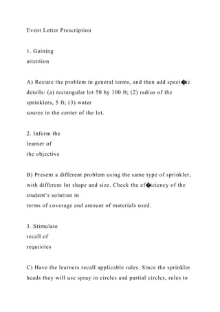 Event Letter Prescription
1. Gaining
attention
A) Restate the problem in general terms, and then add speci�ic
details: (a) rectangular lot 50 by 100 ft; (2) radius of the
sprinklers, 5 ft; (3) water
source in the center of the lot.
2. Inform the
learner of
the objective
B) Present a different problem using the same type of sprinkler,
with different lot shape and size. Check the ef�iciency of the
student’s solution in
terms of coverage and amount of materials used.
3. Stimulate
recall of
requisites
C) Have the learners recall applicable rules. Since the sprinkler
heads they will use spray in circles and partial circles, rules to
 