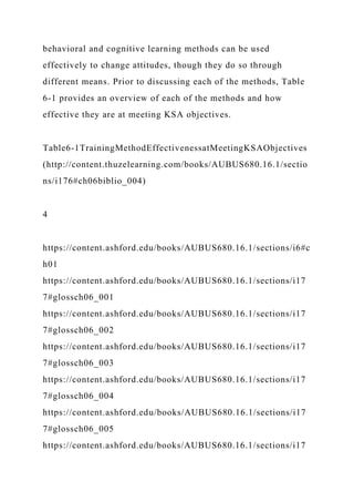 behavioral and cognitive learning methods can be used
effectively to change attitudes, though they do so through
different means. Prior to discussing each of the methods, Table
6-1 provides an overview of each of the methods and how
effective they are at meeting KSA objectives.
Table6-1TrainingMethodEffectivenessatMeetingKSAObjectives
(http://content.thuzelearning.com/books/AUBUS680.16.1/sectio
ns/i176#ch06biblio_004)
4
https://content.ashford.edu/books/AUBUS680.16.1/sections/i6#c
h01
https://content.ashford.edu/books/AUBUS680.16.1/sections/i17
7#glossch06_001
https://content.ashford.edu/books/AUBUS680.16.1/sections/i17
7#glossch06_002
https://content.ashford.edu/books/AUBUS680.16.1/sections/i17
7#glossch06_003
https://content.ashford.edu/books/AUBUS680.16.1/sections/i17
7#glossch06_004
https://content.ashford.edu/books/AUBUS680.16.1/sections/i17
7#glossch06_005
https://content.ashford.edu/books/AUBUS680.16.1/sections/i17
 