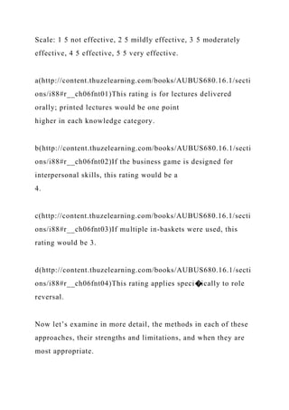 Scale: 1 5 not effective, 2 5 mildly effective, 3 5 moderately
effective, 4 5 effective, 5 5 very effective.
a(http://content.thuzelearning.com/books/AUBUS680.16.1/secti
ons/i88#r__ch06fnt01)This rating is for lectures delivered
orally; printed lectures would be one point
higher in each knowledge category.
b(http://content.thuzelearning.com/books/AUBUS680.16.1/secti
ons/i88#r__ch06fnt02)If the business game is designed for
interpersonal skills, this rating would be a
4.
c(http://content.thuzelearning.com/books/AUBUS680.16.1/secti
ons/i88#r__ch06fnt03)If multiple in-baskets were used, this
rating would be 3.
d(http://content.thuzelearning.com/books/AUBUS680.16.1/secti
ons/i88#r__ch06fnt04)This rating applies speci�ically to role
reversal.
Now let’s examine in more detail, the methods in each of these
approaches, their strengths and limitations, and when they are
most appropriate.
 