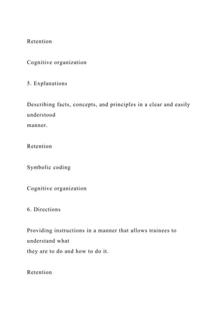 Retention
Cognitive organization
5. Explanations
Describing facts, concepts, and principles in a clear and easily
understood
manner.
Retention
Symbolic coding
Cognitive organization
6. Directions
Providing instructions in a manner that allows trainees to
understand what
they are to do and how to do it.
Retention
 