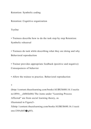 Retention: Symbolic coding
Retention: Cognitive organization
TryOut
• Trainees describe how to do the task step by step Retention:
Symbolic rehearsal
• Trainees do task while describing what they are doing and why
Behavioral reproduction
• Trainer provides appropriate feedback (positive and negative)
Consequences of behavior
• Allow the trainee to practice. Behavioral reproduction
*
(http://content.thuzelearning.com/books/AUBUS680.16.1/sectio
ns/i89#r__ch06fnt06) The items under “Learning Process
Affected” are from social learning theory, as
illustrated in Figure3-
5(http://content.thuzelearning.com/books/AUBUS680.16.1/secti
ons/i38#ch03�ig05).
 