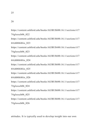 25
26
https://content.ashford.edu/books/AUBUS680.16.1/sections/i17
7#glossch06_022
https://content.ashford.edu/books/AUBUS680.16.1/sections/i17
6#ch06biblio_023
https://content.ashford.edu/books/AUBUS680.16.1/sections/i17
7#glossch06_023
https://content.ashford.edu/books/AUBUS680.16.1/sections/i17
6#ch06biblio_024
https://content.ashford.edu/books/AUBUS680.16.1/sections/i17
6#ch06biblio_025
https://content.ashford.edu/books/AUBUS680.16.1/sections/i17
6#ch06biblio_026
https://content.ashford.edu/books/AUBUS680.16.1/sections/i17
7#glossch06_024
https://content.ashford.edu/books/AUBUS680.16.1/sections/i17
7#glossch06_025
https://content.ashford.edu/books/AUBUS680.16.1/sections/i17
7#glossch06_026
attitudes. It is typically used to develop insight into our own
 
