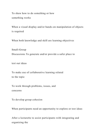 To show how to do something or how
something works
When a visual display and/or hands-on manipulation of objects
is required
When both knowledge and skill are learning objectives
Small-Group
Discussions To generate and/or provide a safer place to
test out ideas
To make use of collaborative learning related
to the topic
To work through problems, issues, and
concerns
To develop group cohesion
When participants need an opportunity to explore or test ideas
After a lecturette to assist participants with integrating and
organizing the
 