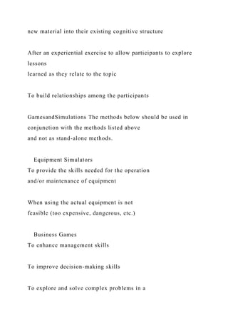 new material into their existing cognitive structure
After an experiential exercise to allow participants to explore
lessons
learned as they relate to the topic
To build relationships among the participants
GamesandSimulations The methods below should be used in
conjunction with the methods listed above
and not as stand-alone methods.
Equipment Simulators
To provide the skills needed for the operation
and/or maintenance of equipment
When using the actual equipment is not
feasible (too expensive, dangerous, etc.)
Business Games
To enhance management skills
To improve decision-making skills
To explore and solve complex problems in a
 
