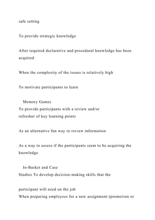 safe setting
To provide strategic knowledge
After required declarative and procedural knowledge has been
acquired
When the complexity of the issues is relatively high
To motivate participants to learn
Memory Games
To provide participants with a review and/or
refresher of key learning points
As an alternative fun way to review information
As a way to assess if the participants seem to be acquiring the
knowledge
In-Basket and Case
Studies To develop decision-making skills that the
participant will need on the job
When preparing employees for a new assignment (promotion or
 