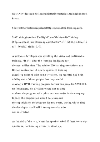 Note:Allvideoscomewithadministrativematerials,traineehandboo
ks,etc.
Source:Informationacquiredathttp://www.clmi-training.com.
7-6TraininginAction TheHighCostofMultimediaTraining
(http://content.thuzelearning.com/books/AUBUS680.16.1/sectio
ns/i176#ch07biblio_039)
A software developer was extolling the virtues of multimedia
training. “It will alter the learning landscape for
the next millennium,” he said to 200 training executives at a
Boston conference. A newly appointed training
executive listened with some irritation. He recently had been
told by one of these people that they would
develop a DVD training program for his company for $250,000.
Unfortunately, his division would not be able
to share the program with other business units in the company.
In fact, the corporation would not even own
the copyright on the program for two years, during which time
the developer could sell it to anyone else who
was interested.
At the end of the talk, when the speaker asked if there were any
questions, the training executive stood up,
 