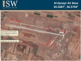 Al-Qusayr Air Base
34.5687°, 36.5744°
Approximately 13 AC bunkers:
Plan 1 TLAM per AC bunker in
follow on attack
TLAM tall...