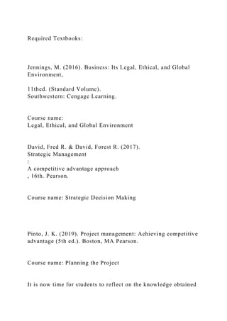 Required Textbooks:
Jennings, M. (2016). Business: Its Legal, Ethical, and Global
Environment,
11thed. (Standard Volume).
Southwestern: Cengage Learning.
Course name:
Legal, Ethical, and Global Environment
David, Fred R. & David, Forest R. (2017).
Strategic Management
:
A competitive advantage approach
, 16th. Pearson.
Course name: Strategic Decision Making
Pinto, J. K. (2019). Project management: Achieving competitive
advantage (5th ed.). Boston, MA Pearson.
Course name: Planning the Project
It is now time for students to reflect on the knowledge obtained
 