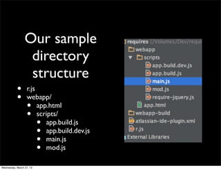 Our sample
                  directory
                  structure
           •      r.js
           •      webapp/
                  •    app.html
                  •    scripts/
                          •
                          app.build.js
                          •
                          app.build.dev.js
                          •
                          main.js
                          •
                          mod.js

Wednesday, March 27, 13
 