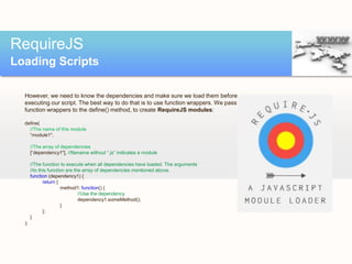 RequireJS<br />http://requirejs.org:<br />RequireJS is a JavaScript file and module loader. It is optimized for in-browser...
