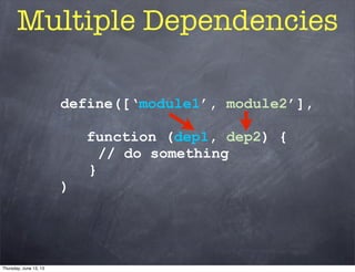define([‘module1’, module2’],
function (dep1, dep2) {
// do something
}
)
Multiple Dependencies
Thursday, June 13, 13
 