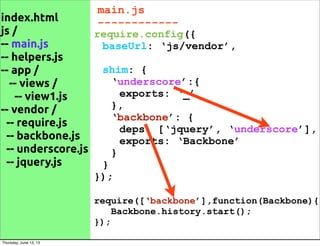 index.html
js /
-- main.js
-- helpers.js
-- app /
-- views /
-- view1.js
-- vendor /
-- require.js
-- backbone.js
-- underscore.js
-- jquery.js
main.js
------------
require.config({
baseUrl: ‘js/vendor’,
shim: {
‘underscore’:{
exports: ‘_’
},
‘backbone’: {
deps: [‘jquery’, ‘underscore’],
exports: ‘Backbone’
}
}
});
require([‘backbone’],function(Backbone){
Backbone.history.start();
});
Thursday, June 13, 13
 