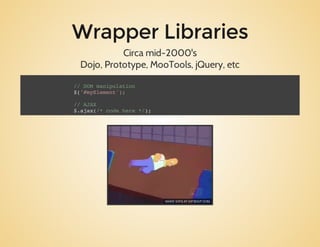 Wrapper Libraries
Circamid-2000's
Dojo,Prototype,MooTools,jQuery,etc
// DOM manipulation
$('#myElement');
// AJAX
$.ajax(/* code here */);
 