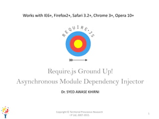 Require.js Ground Up!
Asynchronous Module Dependency Injector
Dr. SYED AWASE KHIRNI
1
Copyright © Territorial Prescience Research
I P Ltd, 2007-2015
Works with IE6+, Firefox2+, Safari 3.2+, Chrome 3+, Opera 10+
 
