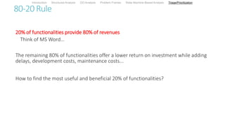 80-20 Rule
20% of functionalities provide 80% of revenues
Think of MS Word…
The remaining 80% of functionalities offer a lower return on investment while adding
delays, development costs, maintenance costs...
How to find the most useful and beneficial 20% of functionalities?
Introduction Structured Analysis OO Analysis Problem Frames State Machine-Based Analysis Triage/Prioritization
 
