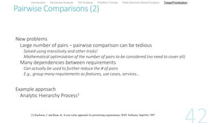Pairwise Comparisons (2)
New problems
Large number of pairs – pairwise comparison can be tedious
Solved using transitivity and other tricks!
Mathematical optimization of the number of pairs to be considered (no need to cover all)
Many dependencies between requirements
Can actually be used to further reduce the # of pairs
E.g., group many requirements as features, use cases, services…
Example approach
Analytic Hierarchy Process1
[1] Karlsson, J. and Ryan, K. A cost-value approach for prioritizing requirements, IEEE Software, Sept/Oct 1997
Introduction Structured Analysis OO Analysis Problem Frames State Machine-Based Analysis Triage/Prioritization
 