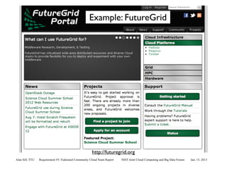 Example: FutureGrid




                                                      http://futuregrid.org
Alan Sill, TTU   Requirement #5: Federated Community Cloud Team Report   NIST Joint Cloud Computing and Big Data Forum   Jan. 15, 2013
 