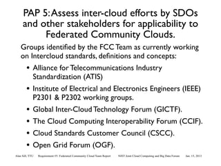 PAP 5: Assess inter-cloud efforts by SDOs
     and other stakeholders for applicability to
          Federated Community Clouds.
    Groups identiﬁed by the FCC Team as currently working
    on Intercloud standards, deﬁnitions and concepts:
        • Alliance for Telecommunications Industry
             Standardization (ATIS)
        • Institute of Electrical and Electronics Engineers (IEEE)
             P2301 & P2302 working groups.
        •    Global Inter-Cloud Technology Forum (GICTF).
        •    The Cloud Computing Interoperability Forum (CCIF).
        •    Cloud Standards Customer Council (CSCC).
        •    Open Grid Forum (OGF).
Alan Sill, TTU   Requirement #5: Federated Community Cloud Team Report   NIST Joint Cloud Computing and Big Data Forum   Jan. 15, 2013
 