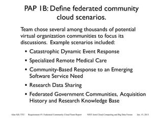 PAP 1B: Deﬁne federated community
                      cloud scenarios.
         Team chose several among thousands of potential
         virtual organization communities to focus its
         discussions. Example scenarios included:
                 • Catastrophic Dynamic Event Response
                 • Specialized Remote Medical Care
                 • Community-Based Response to an Emerging
                   Software Service Need
                 • Research Data Sharing
                 • Federated Government Communities, Acquisition
                   History and Research Knowledge Base

Alan Sill, TTU    Requirement #5: Federated Community Cloud Team Report   NIST Joint Cloud Computing and Big Data Forum   Jan. 15, 2013
 