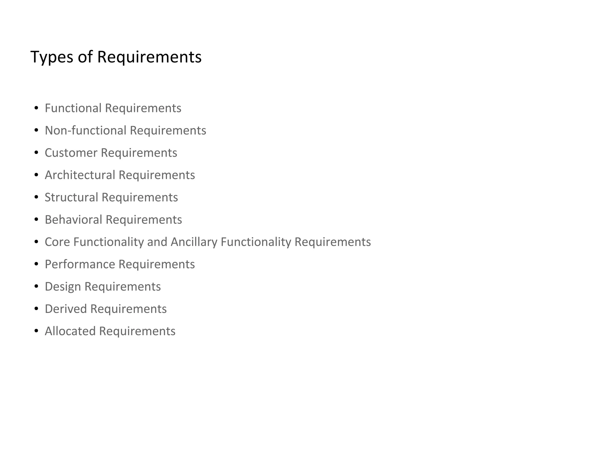 Types of Requirements
● Functional Requirements
● Non-functional Requirements
● Customer Requirements
● Architectural Requirements
● Structural Requirements
● Behavioral Requirements
● Core Functionality and Ancillary Functionality Requirements
● Performance Requirements
● Design Requirements
● Derived Requirements
● Allocated Requirements
 