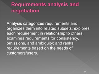 Analysis categorizes requirements and
organizes them into related subsets; explores
each requirement in relationship to others;
examines requirements for consistency,
omissions, and ambiguity; and ranks
requirements based on the needs of
customers/users.
29
 
