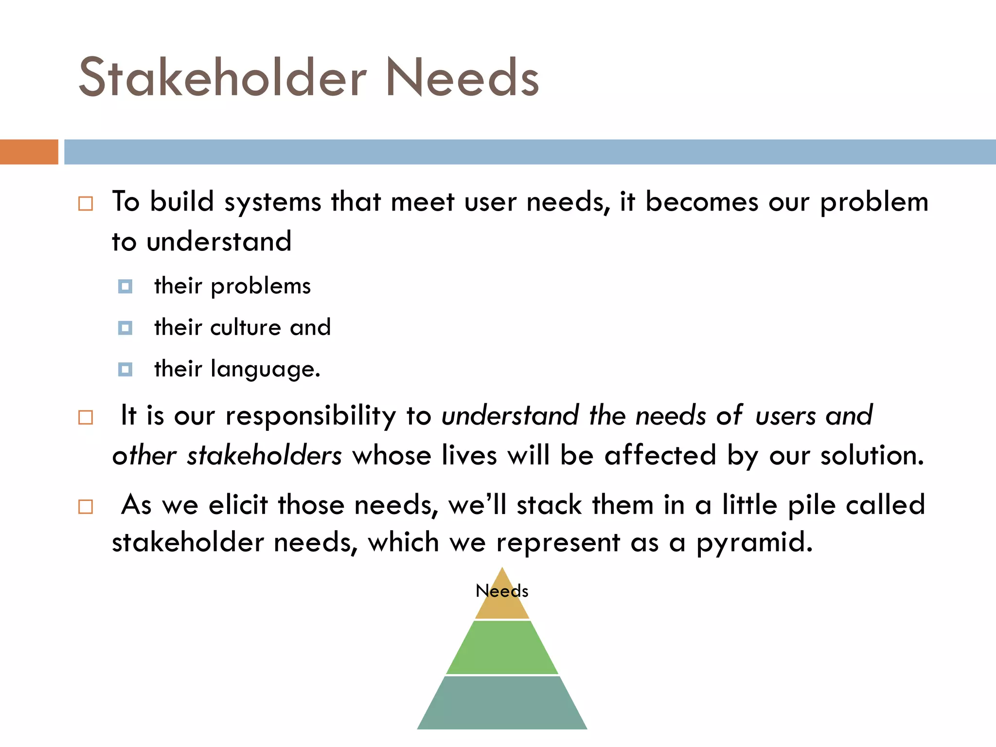 Stakeholder Needs 
To build systems that meet user needs, it becomes our problem to understand 
their problems 
their culture and 
their language. 
It is our responsibility to understand the needs of users and other stakeholders whose lives will be affected by our solution. 
As we elicit those needs, we’ll stack them in a little pile called stakeholder needs, which we represent as a pyramid. 
Needs  